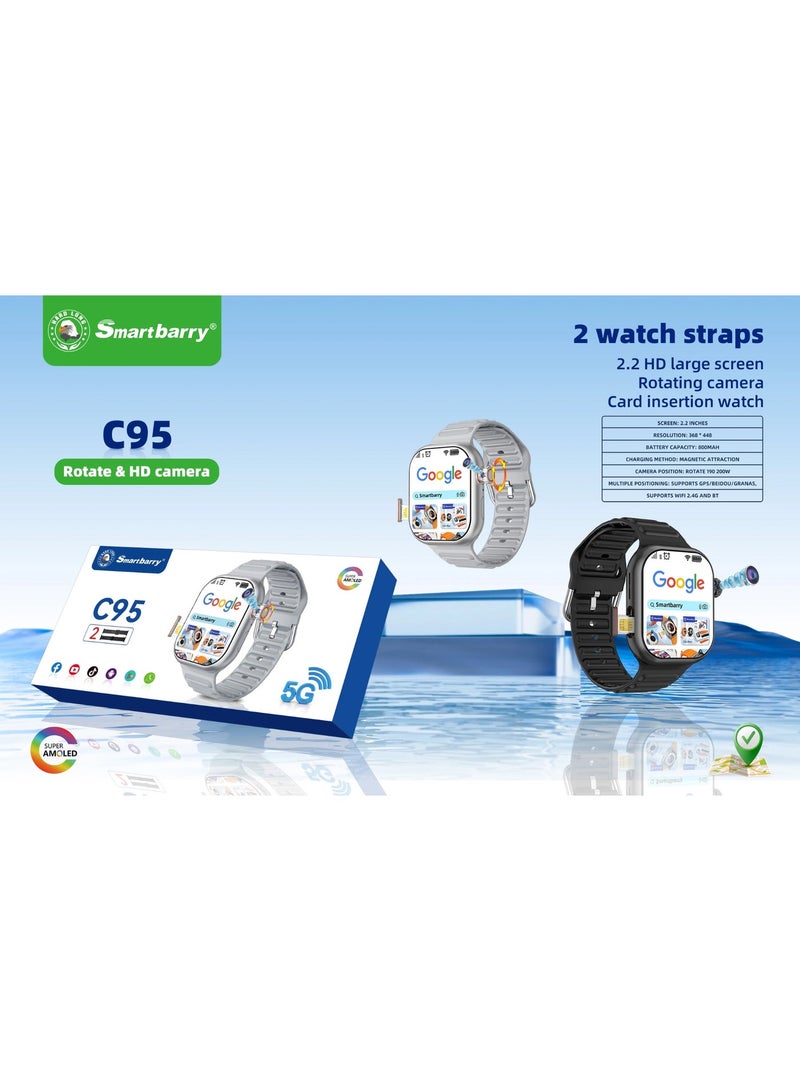 Smartbarry C95 Android Smartwatch with 5G, SIM Slot, Rotating HD Camera, 2.2-inch Display, Dual Straps - Image 2