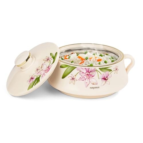 Nayasa Lorenzo Insulated Inner Stainless Steel Casserole- 1500 ML | Serving Bowl with Lid | Hot Pot for Kitchen | Roti Box | Ivory - Image 1