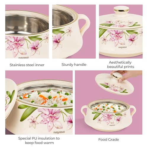 Nayasa Lorenzo Insulated Inner Stainless Steel Casserole- 1500 ML | Serving Bowl with Lid | Hot Pot for Kitchen | Roti Box | Ivory - Image 3