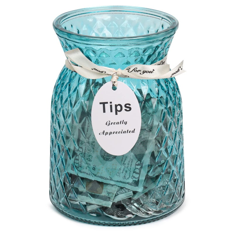 Glass Tip Jar for Bartenders Musicians and Restaurants  Large Money Jar for Collecting Tips Multipurpose Money Bottle BLUE