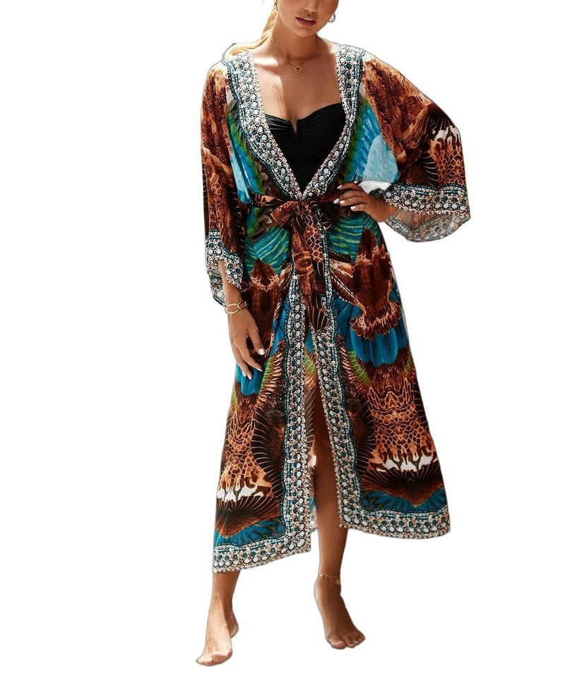 IMAGEKOPE Womenâ€™s Kimono Cover Up Long Beach Dress Swimsuit Cover Ups Colorful Cardigan Lightweight Robe for Swimwear - Image 1