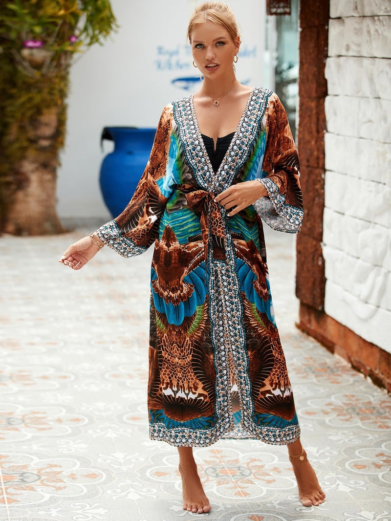 IMAGEKOPE Womenâ€™s Kimono Cover Up Long Beach Dress Swimsuit Cover Ups Colorful Cardigan Lightweight Robe for Swimwear - Image 3