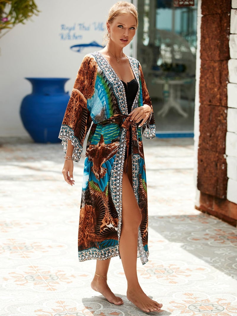 IMAGEKOPE Womenâ€™s Kimono Cover Up Long Beach Dress Swimsuit Cover Ups Colorful Cardigan Lightweight Robe for Swimwear - Image 5