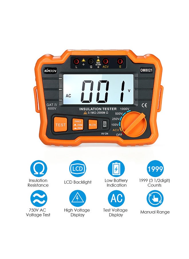 Generic - KKmoon Insulation Resistance Tester DCV ACV Meter 1000V Ground Megger Megohmmeter MegOhm Voltmeter w/LCD Backlight Display - Image 1