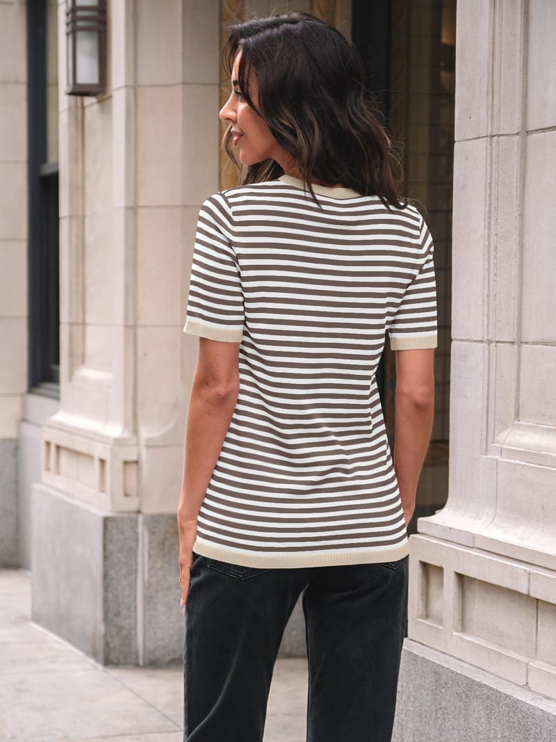 LILLUSORY Womens Spring Short Sleeve Sweater Shirts Tops Summer 2026 Cute Business Dressy Casual Teacher Trendy Outfits Clothes Blouse Work School Vacation Fashion Cotton Striped Apricot Brown S - Image 4