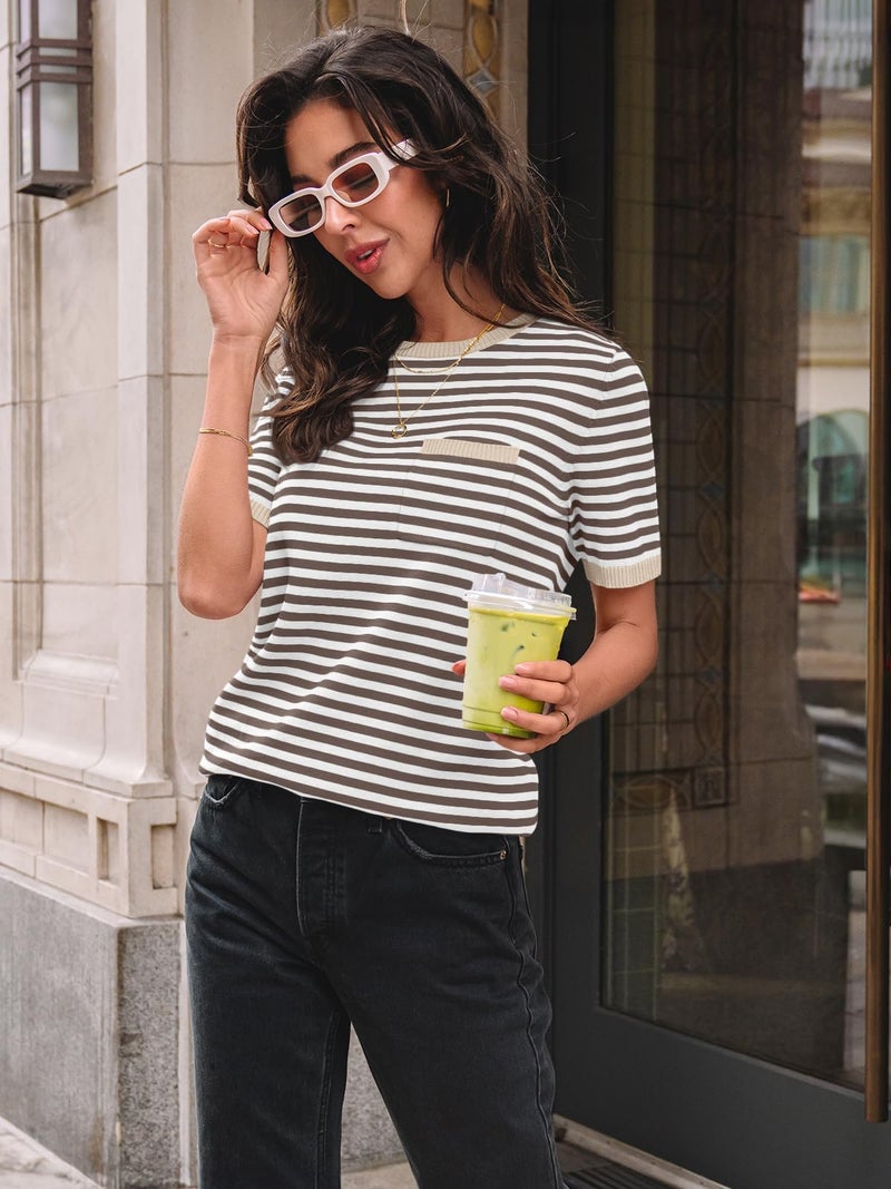 LILLUSORY Womens Spring Short Sleeve Sweater Shirts Tops Summer 2026 Cute Business Dressy Casual Teacher Trendy Outfits Clothes Blouse Work School Vacation Fashion Cotton Striped Apricot Brown S - Image 3