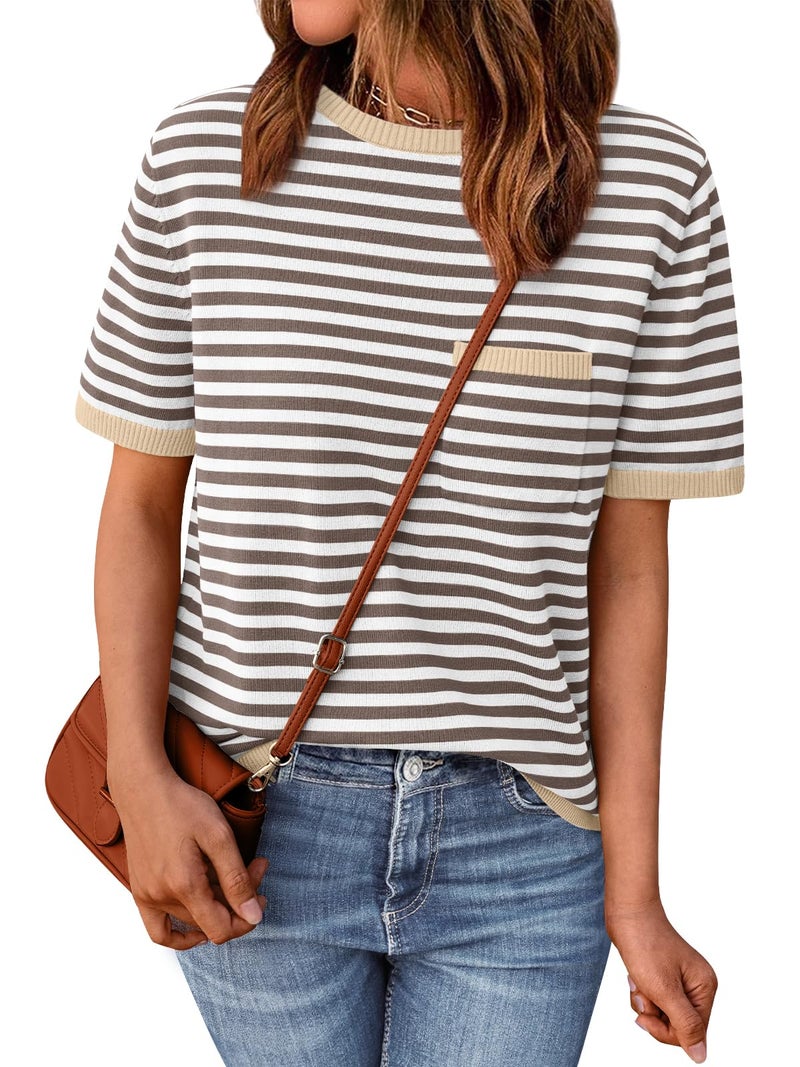 LILLUSORY Womens Spring Short Sleeve Sweater Shirts Tops Summer 2026 Cute Business Dressy Casual Teacher Trendy Outfits Clothes Blouse Work School Vacation Fashion Cotton Striped Apricot Brown S - Image 1
