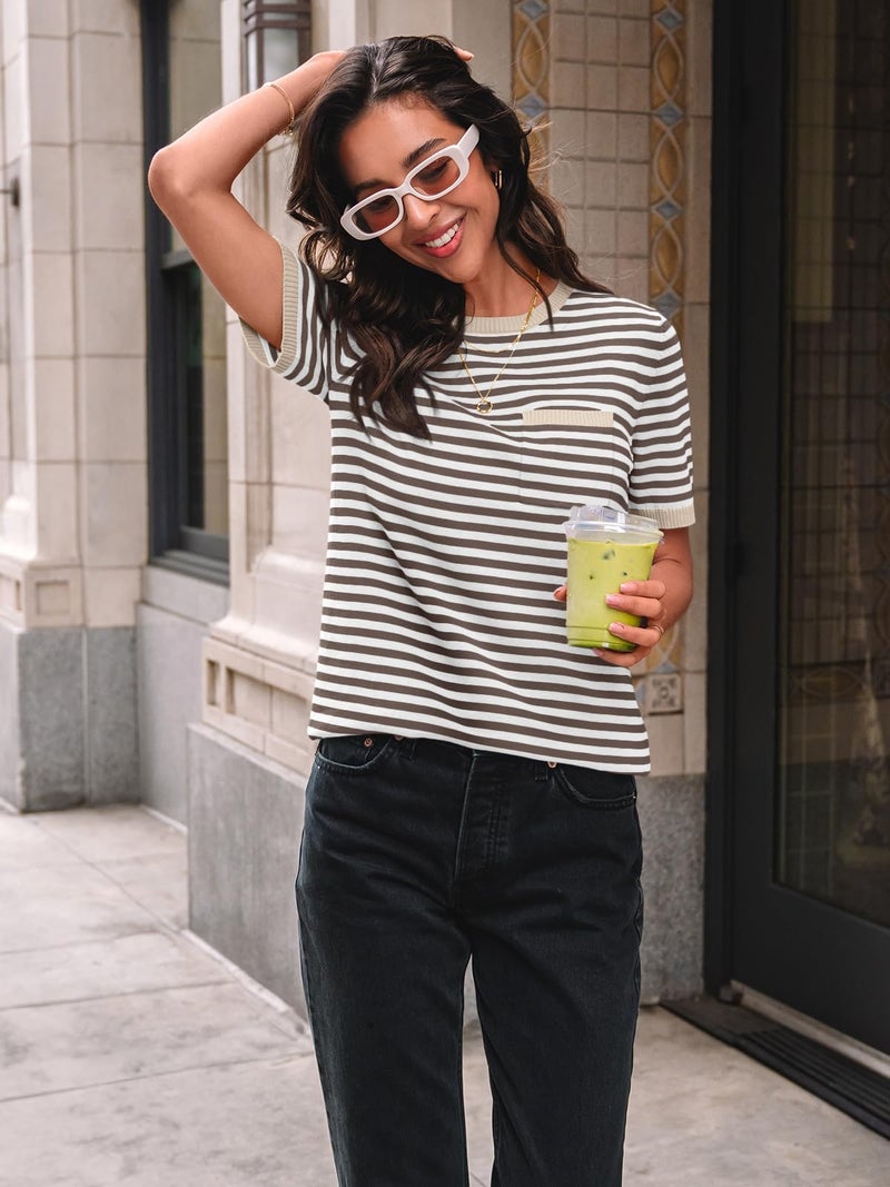 LILLUSORY Womens Spring Short Sleeve Sweater Shirts Tops Summer 2026 Cute Business Dressy Casual Teacher Trendy Outfits Clothes Blouse Work School Vacation Fashion Cotton Striped Apricot Brown S - Image 2
