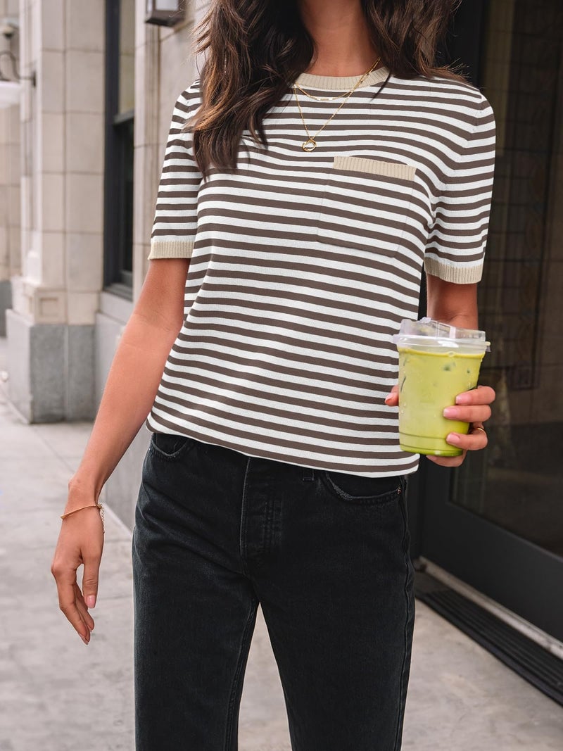 LILLUSORY Womens Spring Short Sleeve Sweater Shirts Tops Summer 2026 Cute Business Dressy Casual Teacher Trendy Outfits Clothes Blouse Work School Vacation Fashion Cotton Striped Apricot Brown S - Image 5