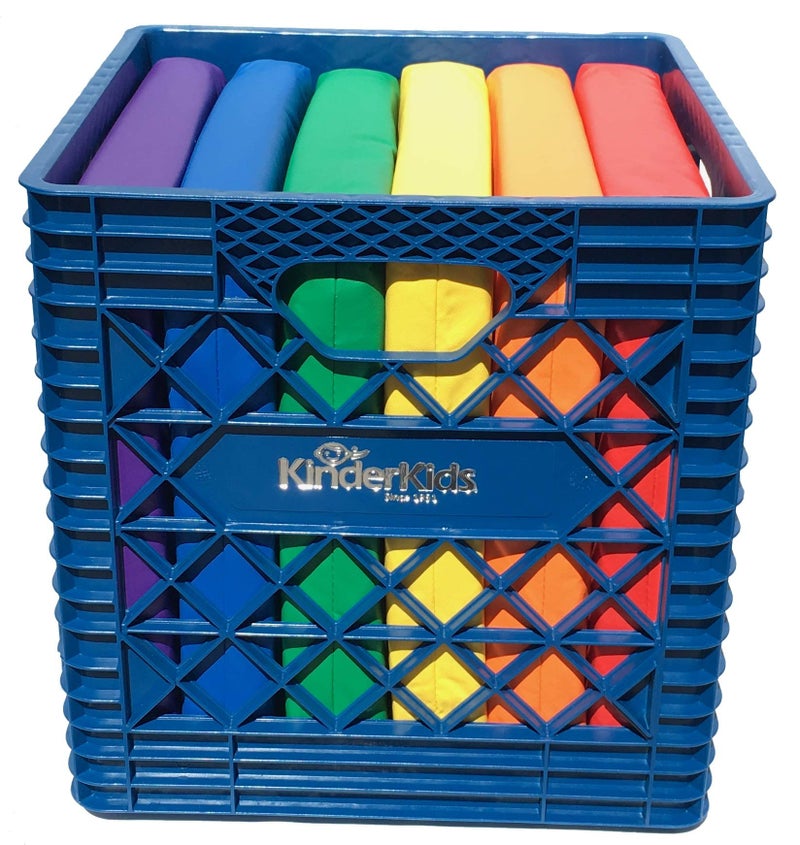 KinderMat Kindercrate Blue 6 Pack of 135 Kindercushions Sturdy Storage Container 2 Thick Squares Story Time Cushions Alternative Seating Yellow Blue Green Red Purple Orange