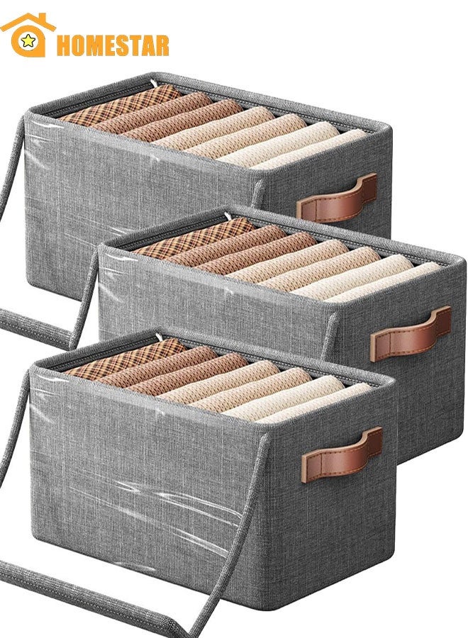 HOMESTAR 3 Pieces Cloth Storage Box, Foldable Closet Drawer Box with Transparent Cover and Handle, Drawer Organizers for Clothes, Jeans, T-Shirt - Image 1