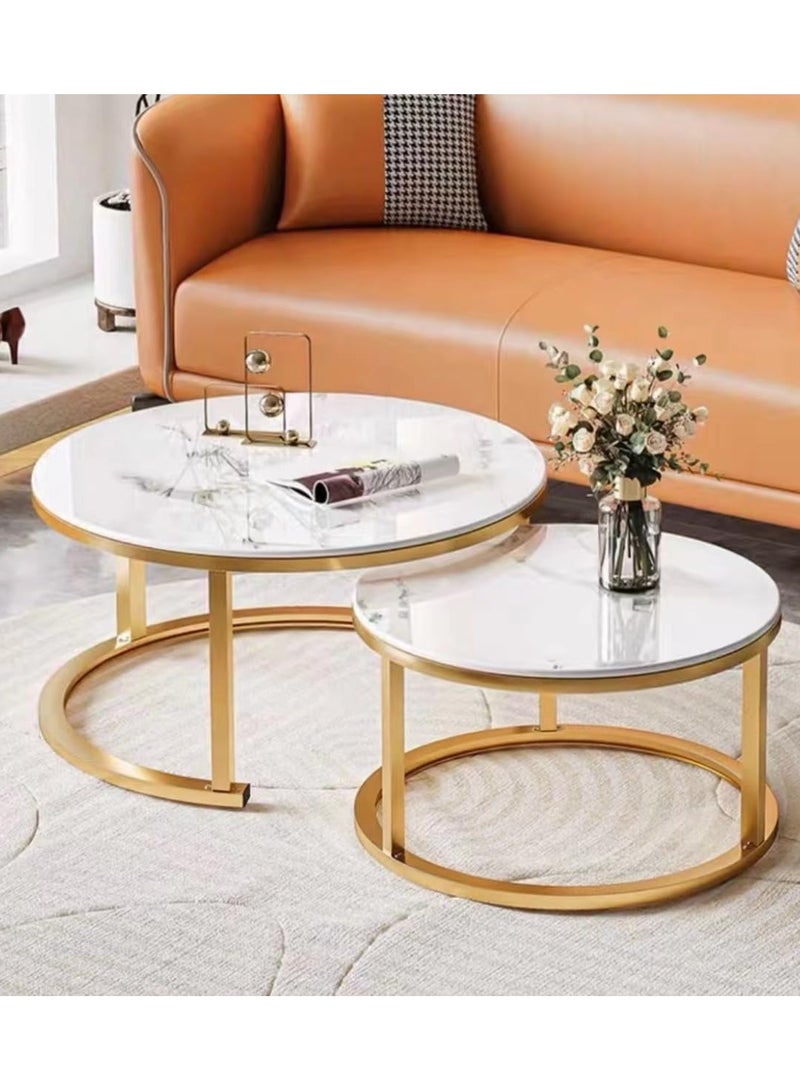 Natural Finished Marble Nesting Tables (Set of 2), Coffee Side Tables White and Gold, For Living Room - Image 1