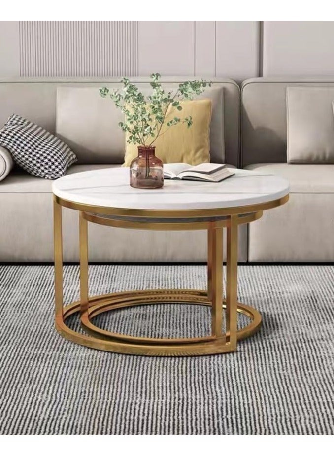 Natural Finished Marble Nesting Tables (Set of 2), Coffee Side Tables White and Gold, For Living Room - Image 4