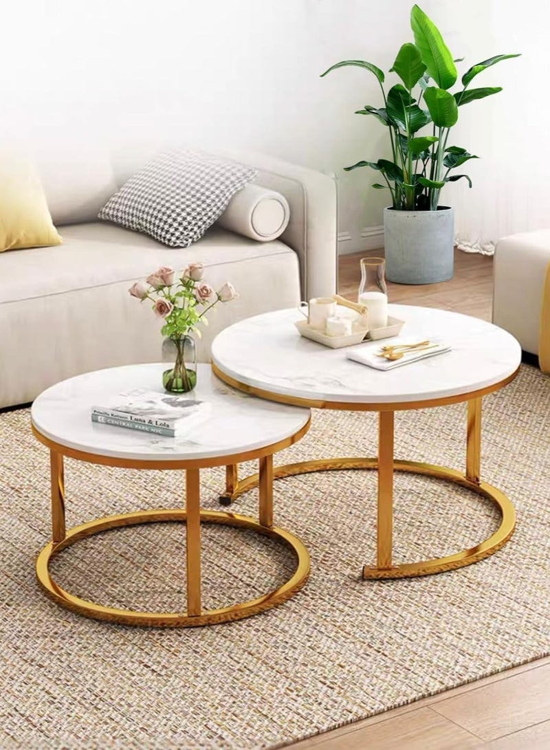 Natural Finished Marble Nesting Tables (Set of 2), Coffee Side Tables White and Gold, For Living Room - Image 2