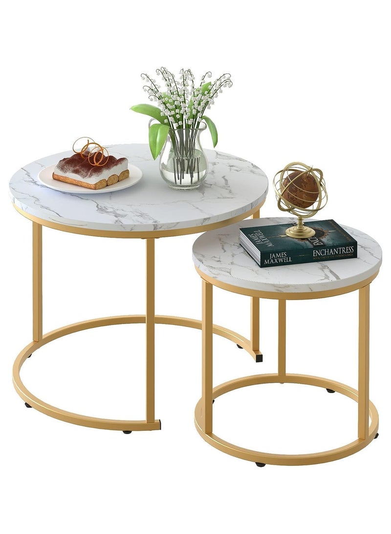 Natural Finished Marble Nesting Tables (Set of 2), Coffee Side Tables White and Gold, For Living Room - Image 3