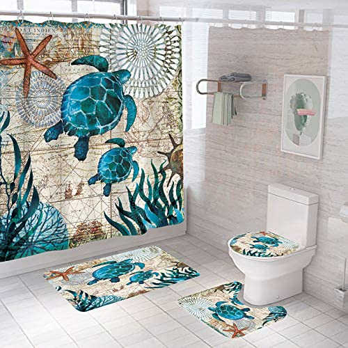 DDS-DUDES Sea Turtle Shower Curtain Set for Bathroom, Ocean Bathroom Sets with Shower Curtain and Rugs Polyester Fabric Waterproof Curtains with Hooks 71" x 71" (Ocean 1) - Image 1