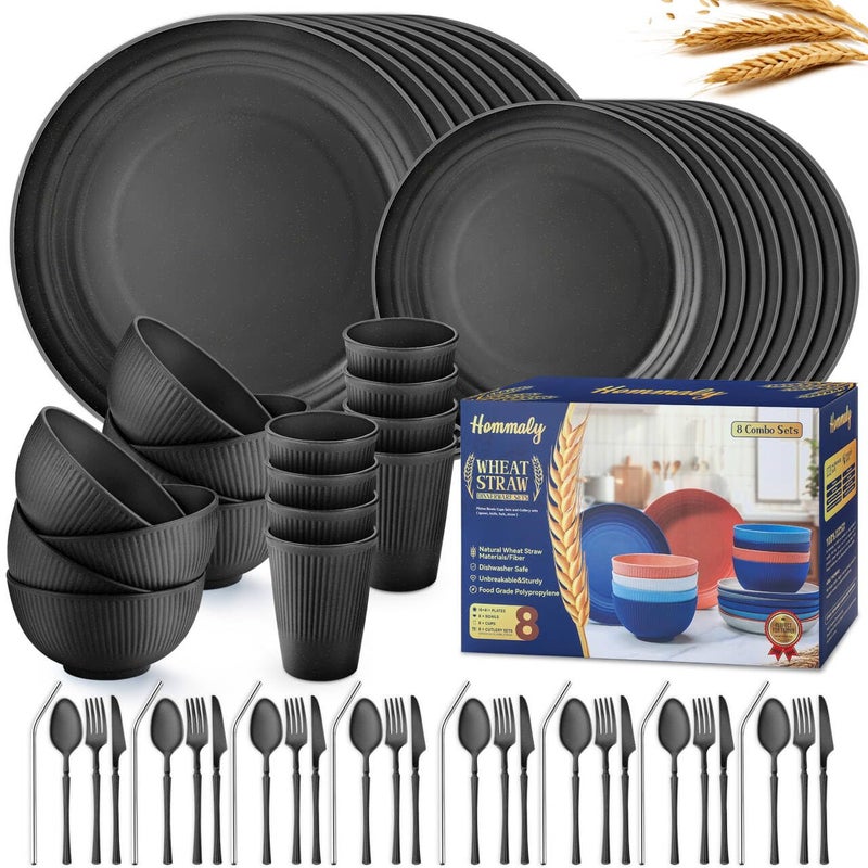 HOMMALY Wheat Straw Dinnerware Sets,64-Piece Black Plates and Bowls Sets for 8-Unbreakable,Reusable Plastic Dish Set-Dinner Plate/Dessert Plate/Cereal Bowl/Cup/Utensils-Microwavable Dishwasher Safe 64P-BLACK - Image 1