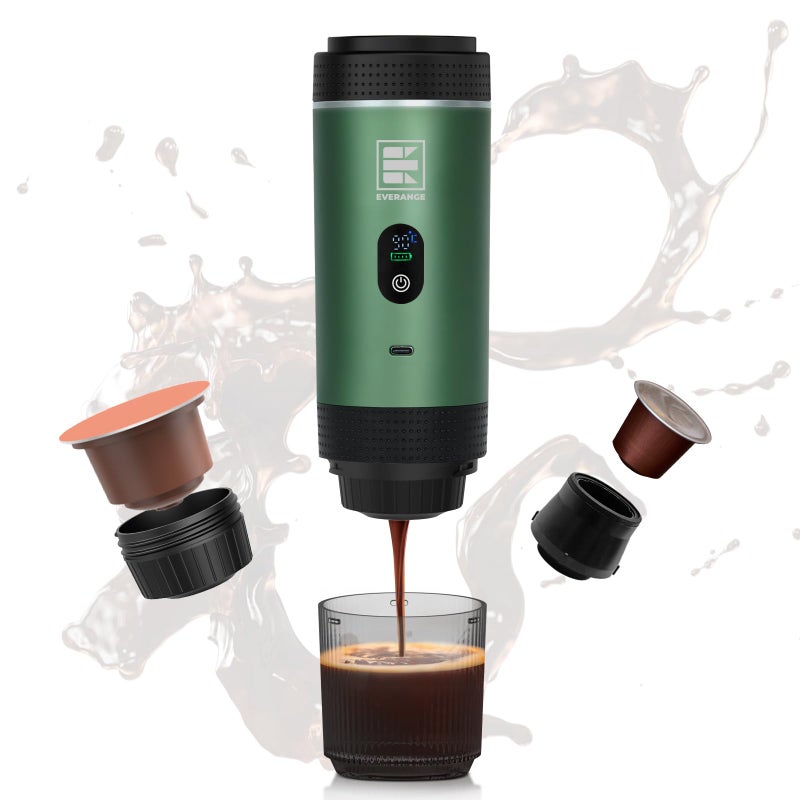 EVERANGE Portable Electric Espresso Machine, Travel Coffee Maker Brewer Compatible with Ground Coffee & NS Capsules (Green with LCD Screen) - Image 1