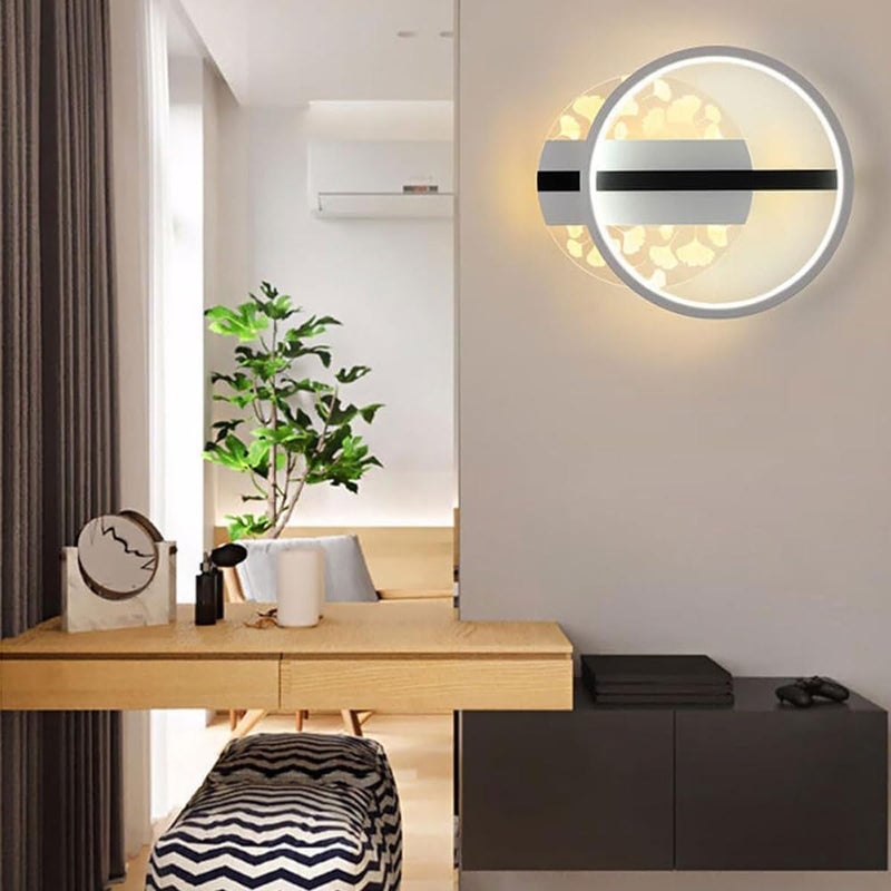 1-Light Modern Simple Maple Leaf Bedroom Bedside Circle Wall Lamp, LED 3 Colors Dimming with Acrylic Shade Ultra-Thin Metal Wall Sconce, for Corridor Living Room Hal - Image 4