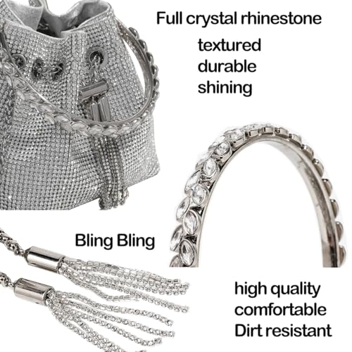 BBTT.ful Handbag, Sparkling Rhinestone Bucket Bag for Women & Girls, Large Crossbody Purse for Party, Wedding, Prom, Evening, Silver - Image 3