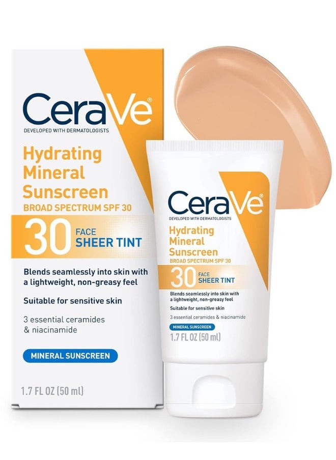 CeraVe Tinted Sunscreen with SPF 30 | Hydrating Mineral Sunscreen With Zinc Oxide & Titanium Dioxide | Sheer Tint for Healthy Glow | 1.7 Fluid Ounce(Pack of 3)