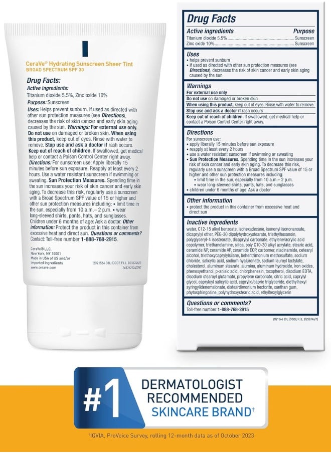 CeraVe Tinted Sunscreen with SPF 30 | Hydrating Mineral Sunscreen With Zinc Oxide & Titanium Dioxide | Sheer Tint for Healthy Glow | 1.7 Fluid Ounce(Pack of 3)