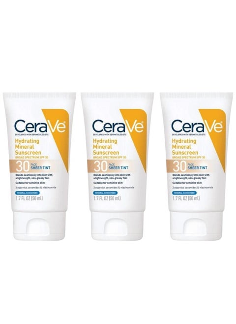 CeraVe Tinted Sunscreen with SPF 30 | Hydrating Mineral Sunscreen With Zinc Oxide & Titanium Dioxide | Sheer Tint for Healthy Glow | 1.7 Fluid Ounce(Pack of 3)