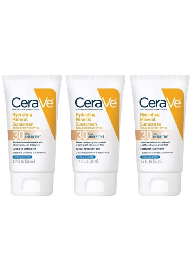 CeraVe Tinted Sunscreen with SPF 30 | Hydrating Mineral Sunscreen With Zinc Oxide & Titanium Dioxide | Sheer Tint for Healthy Glow | 1.7 Fluid Ounce(Pack of 3)