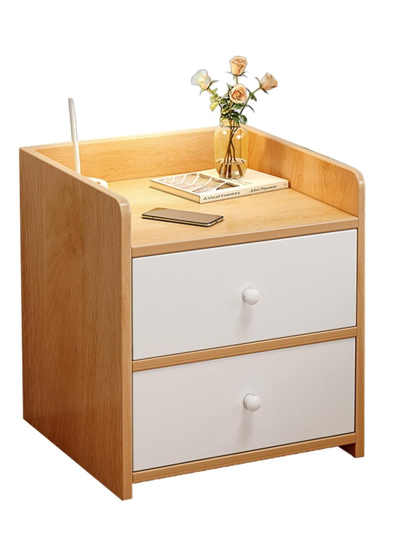 ميكسد طاولة سرير جانبية، منضدة جانبية بطبقتين، خزانة طاولة جانبية مع درجين للتخزين، خزانة تخزين خشبية متعددة الوظائف على الطراز الحديث