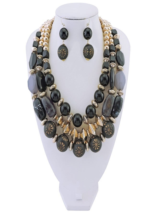 بوكار قلادة بوكار ثلاثية الطبقات بتصميم خرزي مميز، قلادة عصرية متعددة الطبقات للنساء (NK-10625-Black-Set) - Image 2