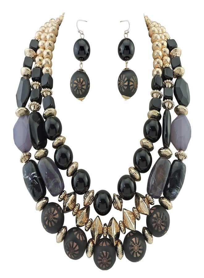 بوكار قلادة بوكار ثلاثية الطبقات بتصميم خرزي مميز، قلادة عصرية متعددة الطبقات للنساء (NK-10625-Black-Set) - Image 1