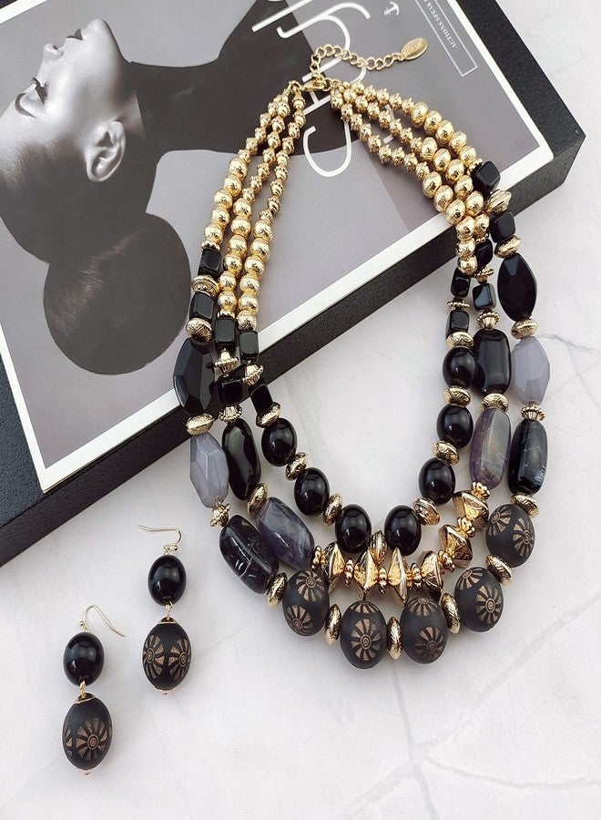 بوكار قلادة بوكار ثلاثية الطبقات بتصميم خرزي مميز، قلادة عصرية متعددة الطبقات للنساء (NK-10625-Black-Set) - Image 4