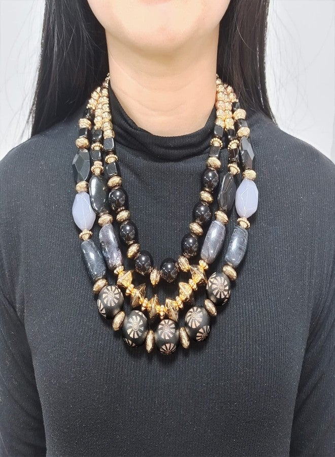 بوكار قلادة بوكار ثلاثية الطبقات بتصميم خرزي مميز، قلادة عصرية متعددة الطبقات للنساء (NK-10625-Black-Set) - Image 3