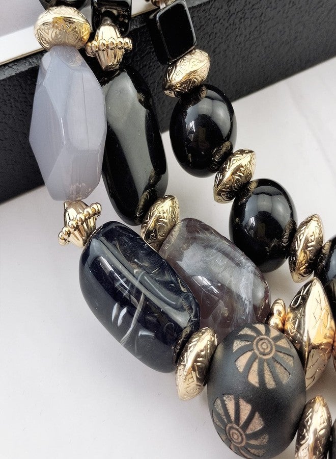 بوكار قلادة بوكار ثلاثية الطبقات بتصميم خرزي مميز، قلادة عصرية متعددة الطبقات للنساء (NK-10625-Black-Set) - Image 5