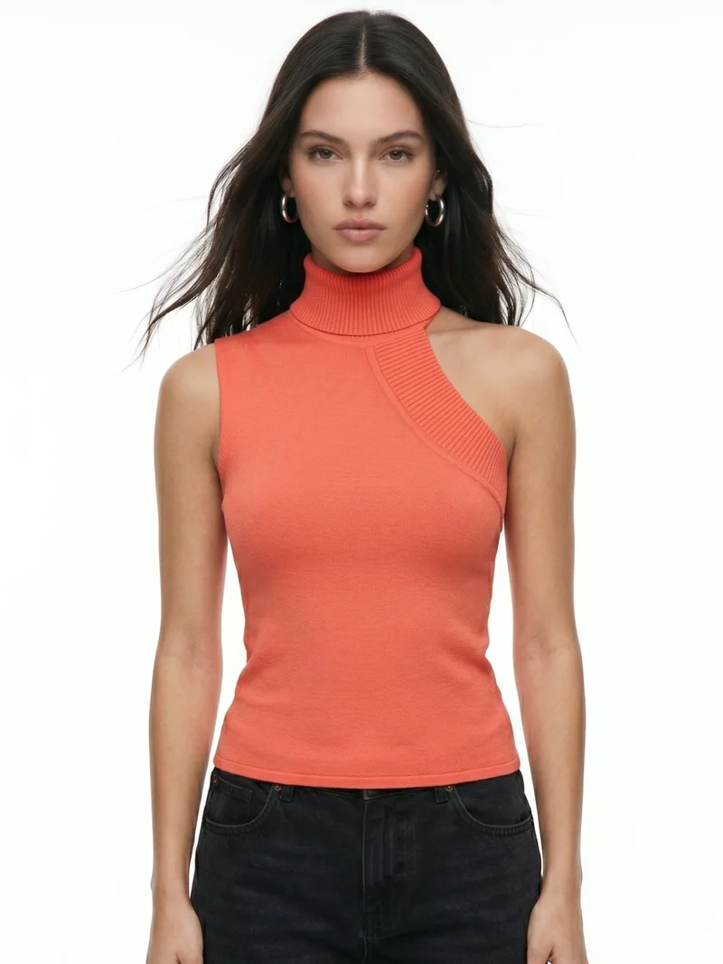 Outzidr  Orange One Shoulder High Neck Top for Women | Best Price UAE