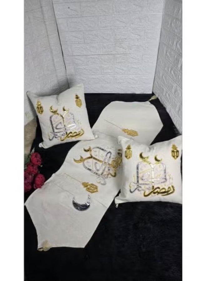 ناما طقم ديكور "ليالي المسجد" الرمضاني - مفرش طاولة (رانر) و2 غطاء وسادة بتطريز ذهبي وفضي