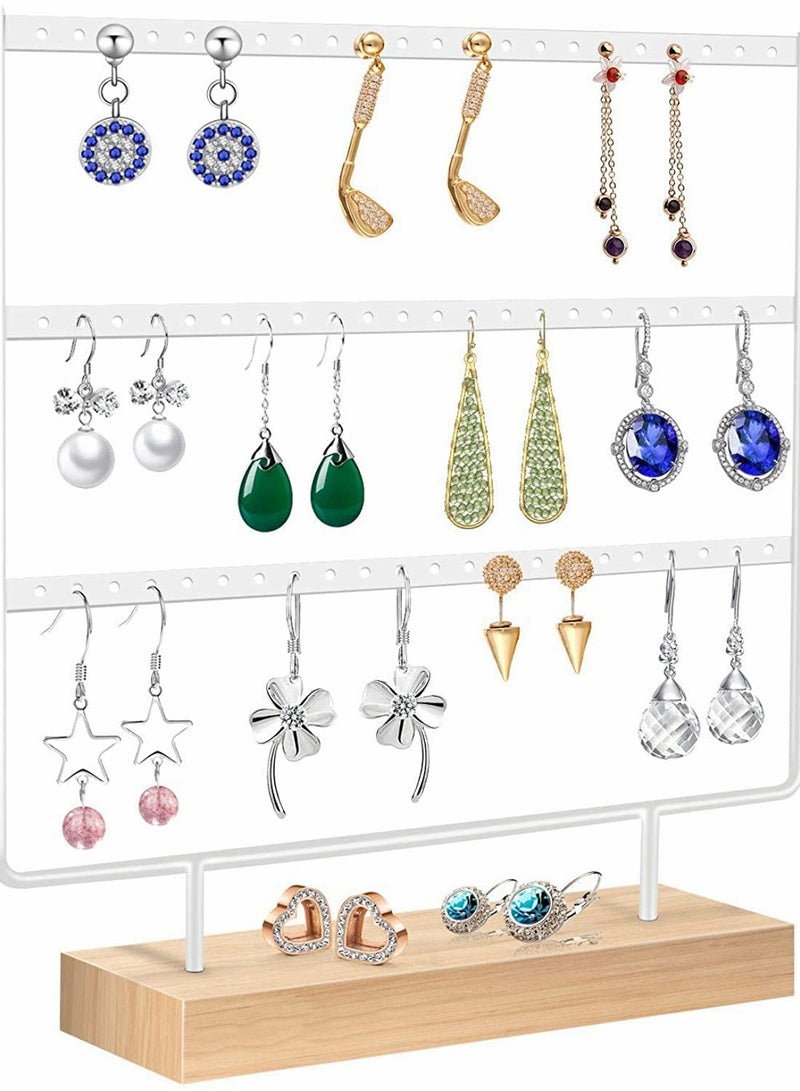 KASTWAVE Earring Organiser, Jewelry Stand, Earring Display Stand with Wooden Tray/Dish for Earrings Necklace Bracelet Rings, Earring Holder for Hanging Earrings (66 Holes/3 Layers) - Image 1