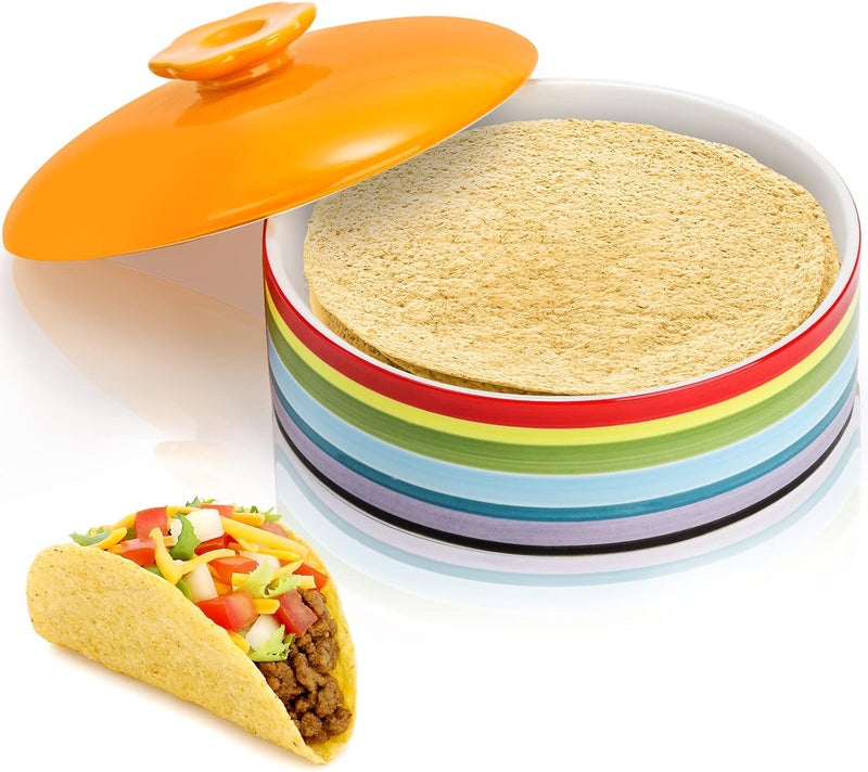 Lyellfe Ceramic Tortilla Warmer, 8.5 Inch Colorful Tortilla Server Keeper Container with Lid, Hold up to 12 Tortillas, Great for Taco Tuesday Night, Mexican Party, Microwave and Oven Safe - Image 1