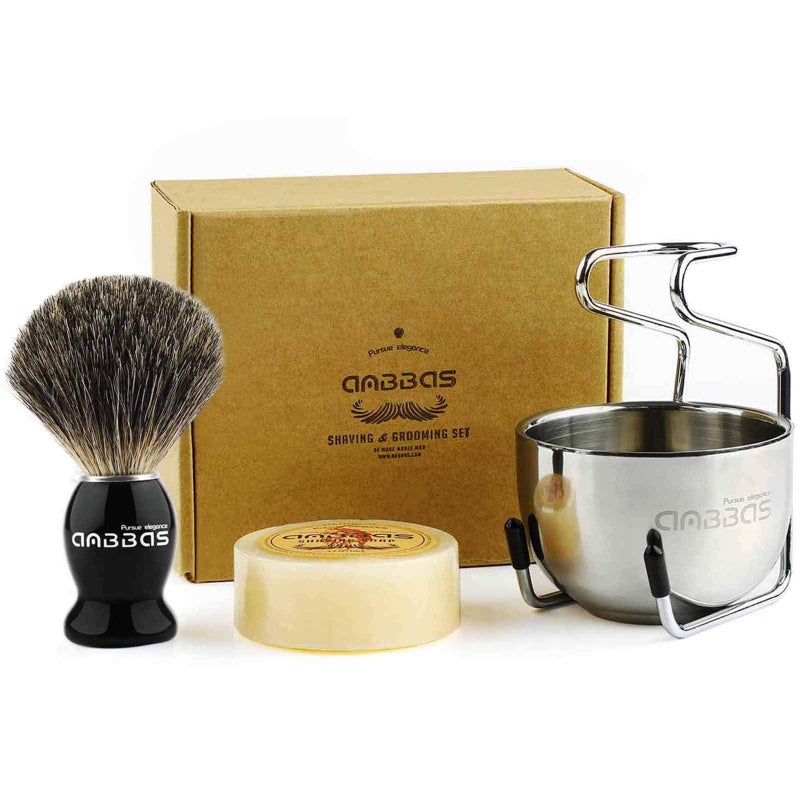 Anbbas Pure Badger Bristles Shaving Brush Black Wood Handle and Refill Soap Bar 100g,Stainless Steel Shaving Stand and Soap Cup Kit Perfect for Men - Image 1