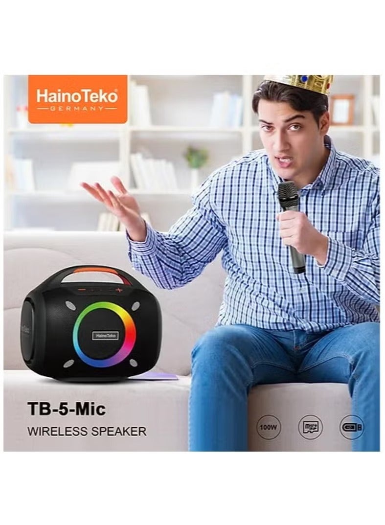 Haino Teko TB-5 Portable Wireless Bluetooth Speaker with 2 Wireless Mics, 100W Output Power, RGB Lighting, Multi-Functional Button Control for Indoor & Outdoor Use, Black - Image 2