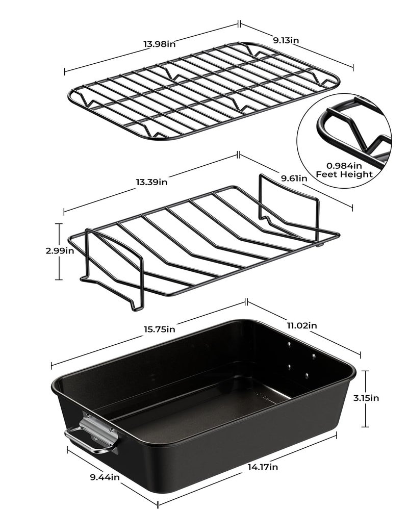 Armorbear Turkey Roasting Pan with Rack Non stick Carbon Steel Roaster 16x11 Inch, Dishwasher Safe, Deep Baking Broiler Pan for Oven Chicken, Bacon, Black - Image 2