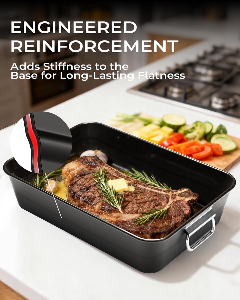 Armorbear Turkey Roasting Pan with Rack Non stick Carbon Steel Roaster 16x11 Inch, Dishwasher Safe, Deep Baking Broiler Pan for Oven Chicken, Bacon, Black - Image 4