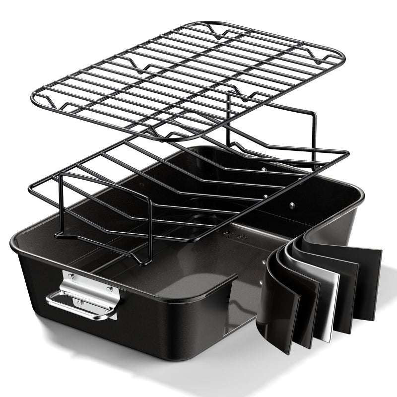 Armorbear Turkey Roasting Pan with Rack Non stick Carbon Steel Roaster 16x11 Inch, Dishwasher Safe, Deep Baking Broiler Pan for Oven Chicken, Bacon, Black - Image 1