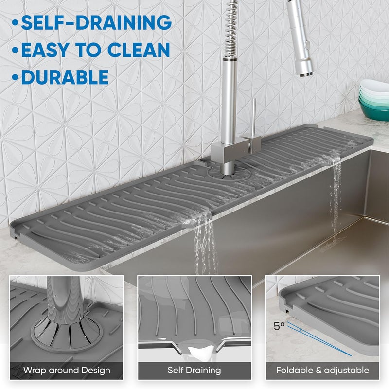 AAROO 24 Inch Longer Faucet Mat for Kitchen Sink, Silicone Sink Faucet Mat Splash Guard 5Â° Slope Premium Kitchen Sink Splash Faucet Guard, Fast Self-Draining Mat (Grey) - Image 4
