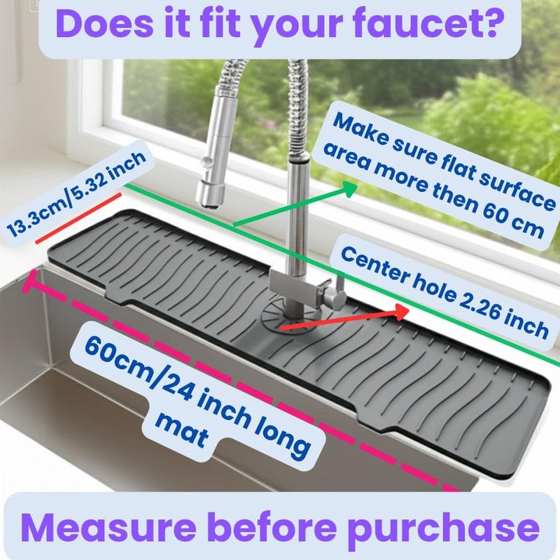 AAROO 24 Inch Longer Faucet Mat for Kitchen Sink, Silicone Sink Faucet Mat Splash Guard 5Â° Slope Premium Kitchen Sink Splash Faucet Guard, Fast Self-Draining Mat (Grey) - Image 3