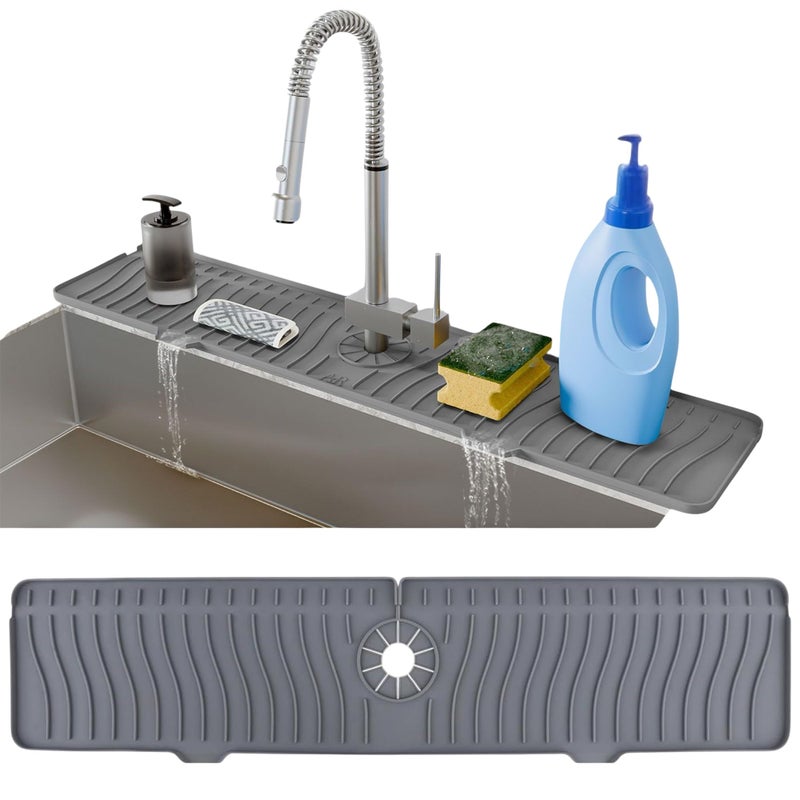 AAROO 24 Inch Longer Faucet Mat for Kitchen Sink, Silicone Sink Faucet Mat Splash Guard 5Â° Slope Premium Kitchen Sink Splash Faucet Guard, Fast Self-Draining Mat (Grey) - Image 1