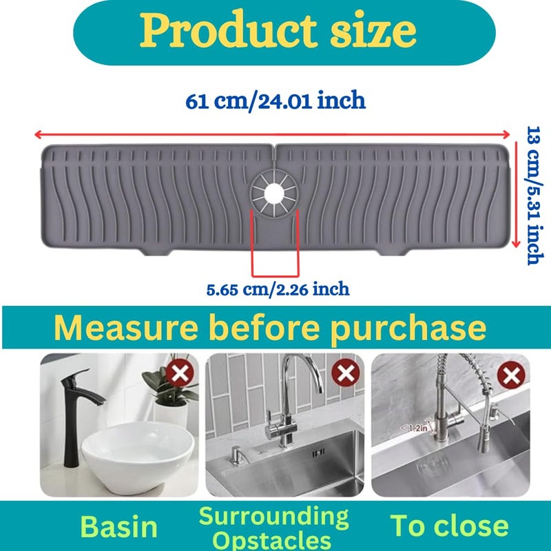 AAROO 24 Inch Longer Faucet Mat for Kitchen Sink, Silicone Sink Faucet Mat Splash Guard 5Â° Slope Premium Kitchen Sink Splash Faucet Guard, Fast Self-Draining Mat (Grey) - Image 2