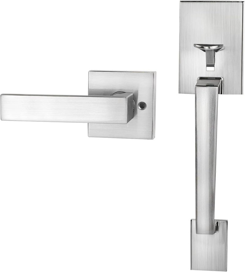 Azdele Front Door Handle Silver Set, Entry Satin Nickel Door Handle with for Right and Left Handed Doors, Single Cylinder Exterior Door Handle Set with Lower Half Lever, Satin Nickel - Image 1