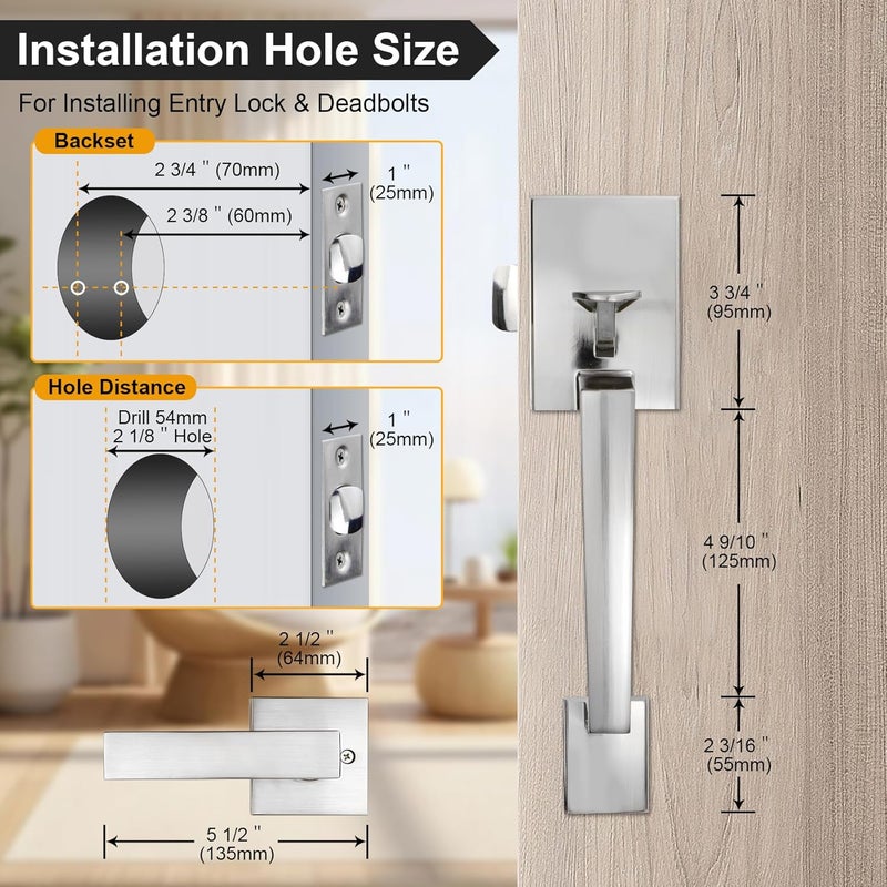 Azdele Front Door Handle Silver Set, Entry Satin Nickel Door Handle with for Right and Left Handed Doors, Single Cylinder Exterior Door Handle Set with Lower Half Lever, Satin Nickel - Image 3