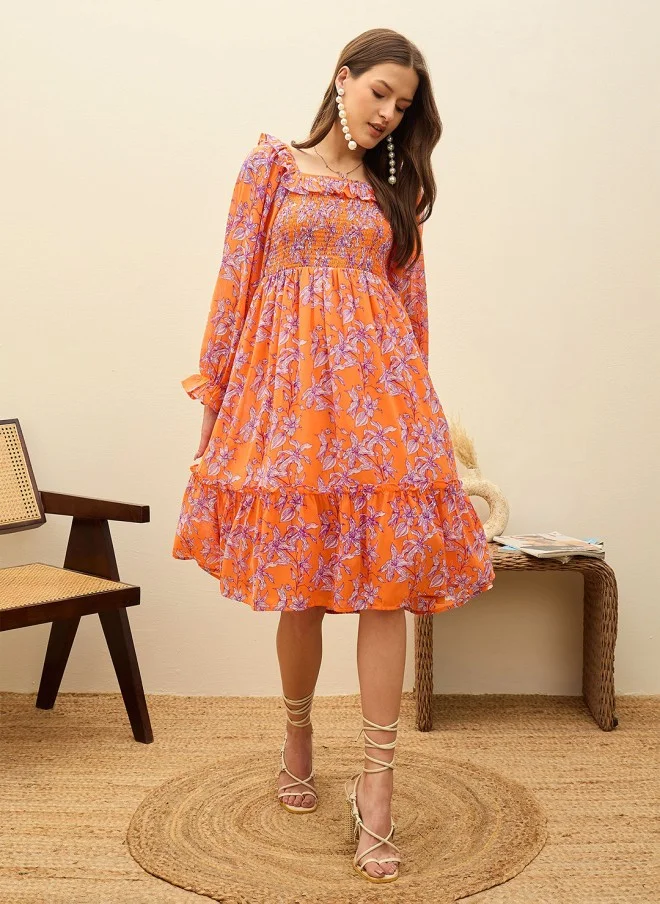 ساسافراس فستان نسائي جورجيت بطبعة زهور بقصة واسعة